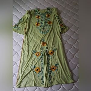 Embroidered Kaftan Cotton Green Wide Long Dress XL